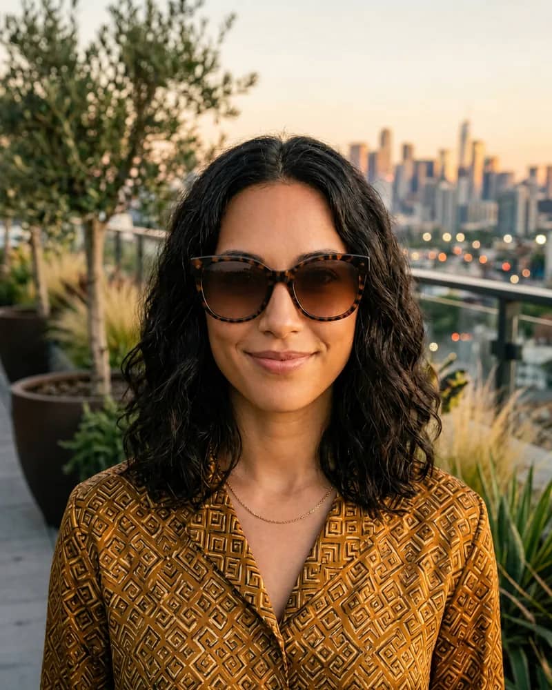 Same woman wearing oversized tortoiseshell butterfly sunglasses with brown gradient lenses