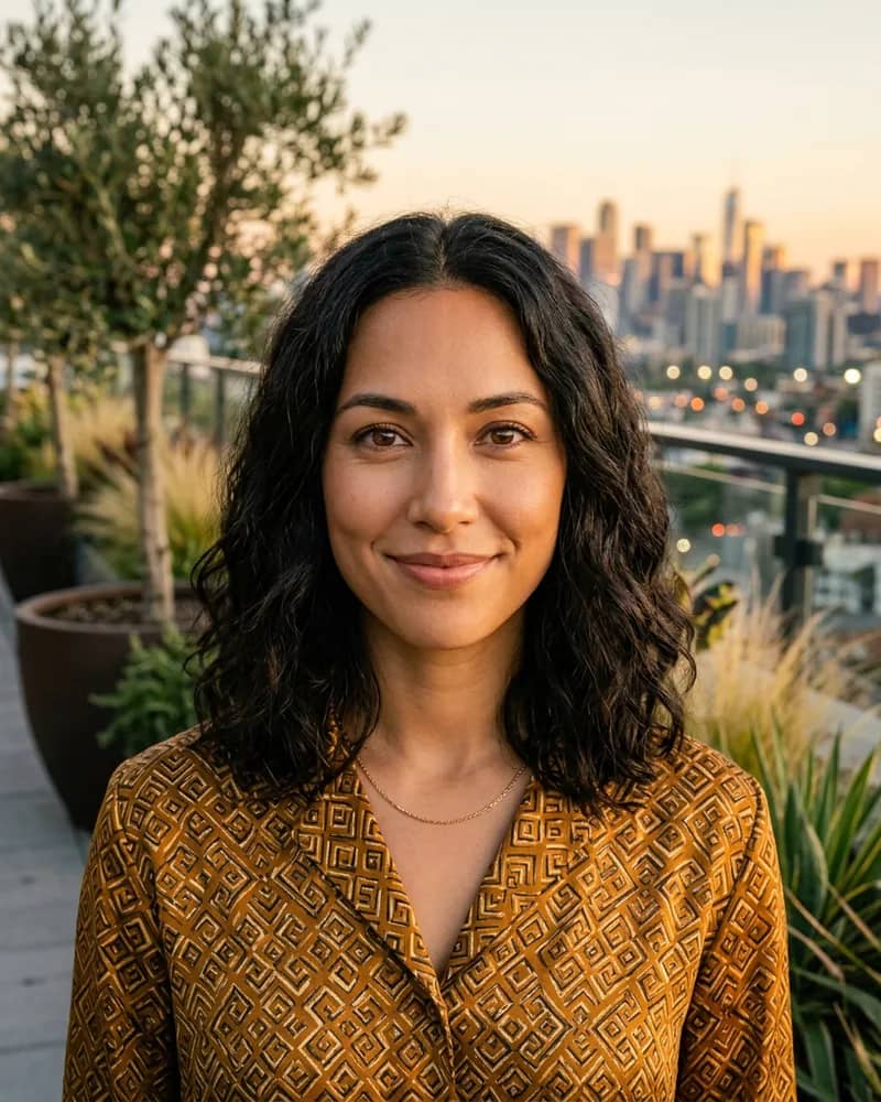 Woman with shoulder-length dark curls before virtual sunglasses try-on