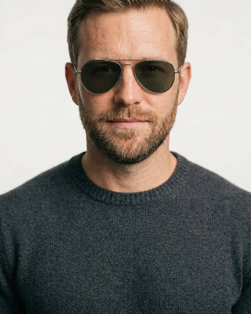 Same man wearing thin gunmetal aviator sunglasses with smoke-green lenses