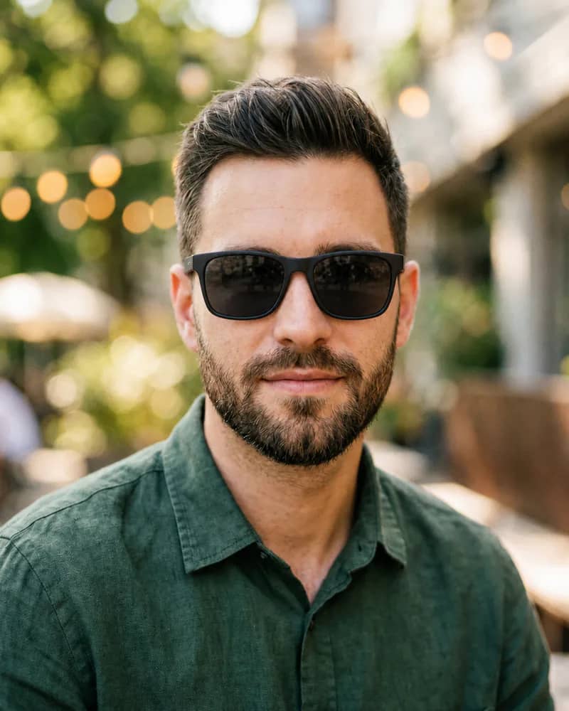 Same man wearing matte black square sunglasses with charcoal lenses