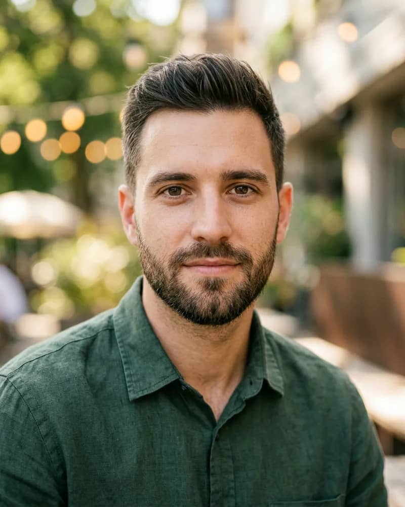 Man in a green shirt before trying sunglasses on his photo