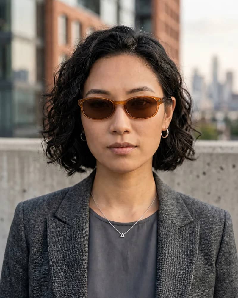 Same woman wearing slim amber rectangular sunglasses with brown lenses