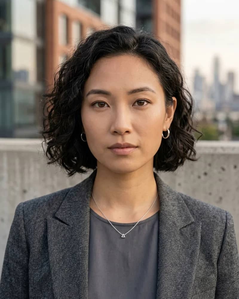 Woman with a short curly bob before virtual sunglasses try-on
