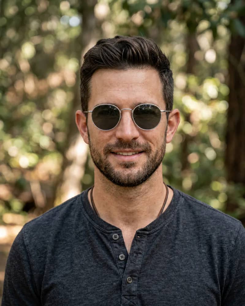 Same man wearing round silver metal sunglasses with green-gray lenses