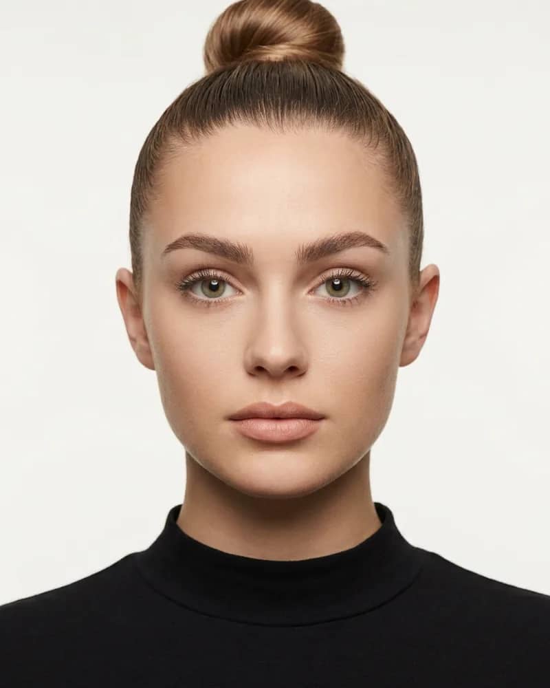 Woman with a high bun before virtual sunglasses try-on