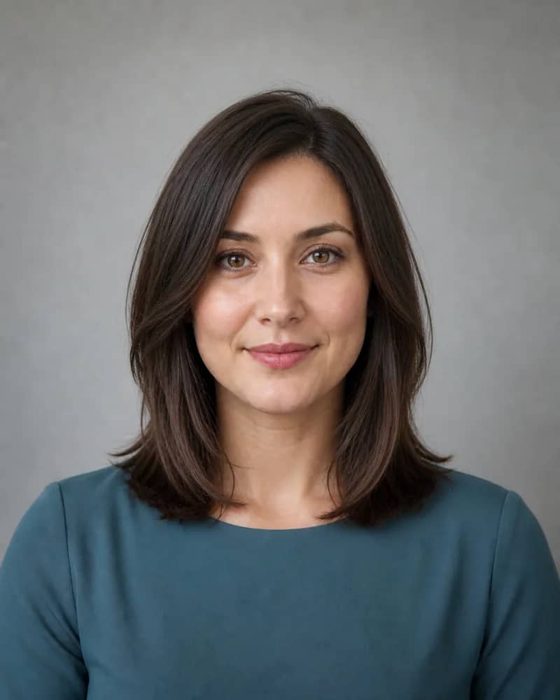 Same woman with an off-center layered collarbone lob after AI hairstyle try-on