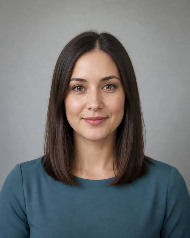 Woman with straight center-parted shoulder-length hair before face-shape hairstyle comparison