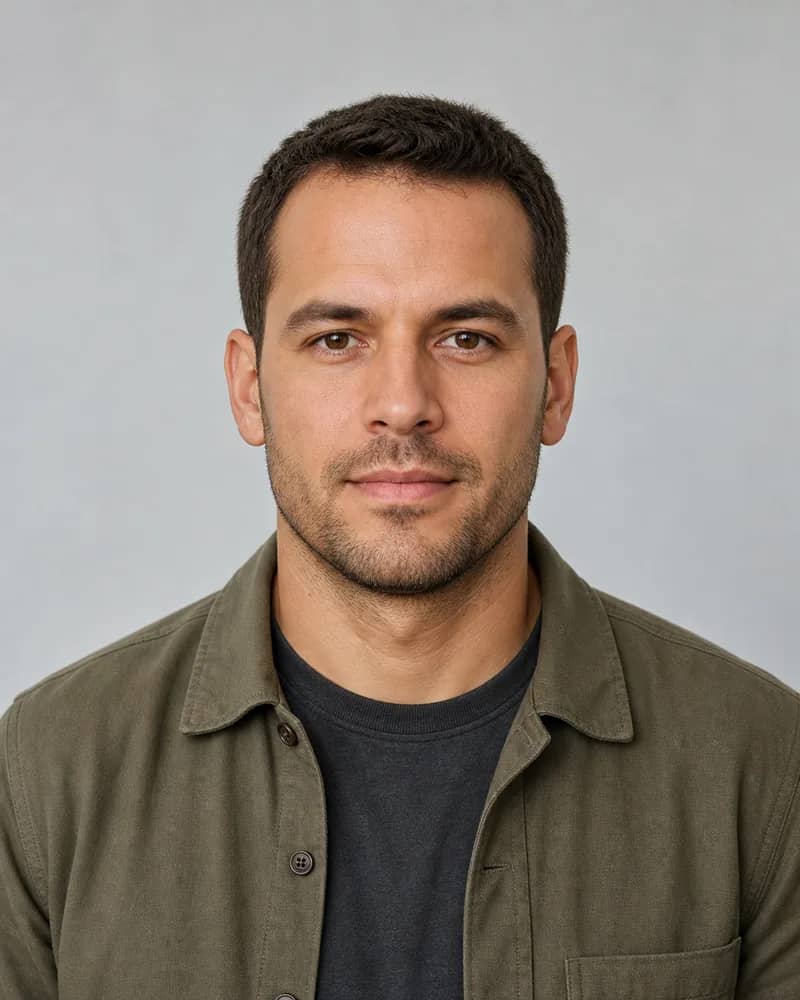 Man with a short even crop before square-face hairstyle comparison