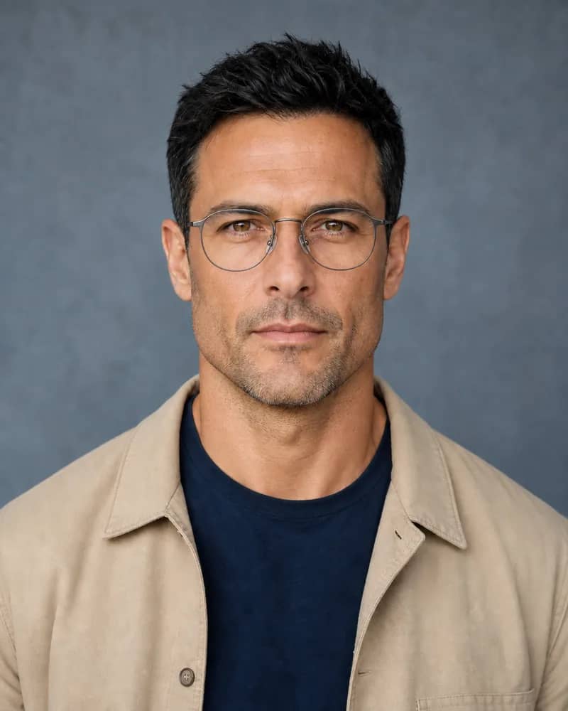 Same man wearing thin rounded-oval gunmetal prescription glasses