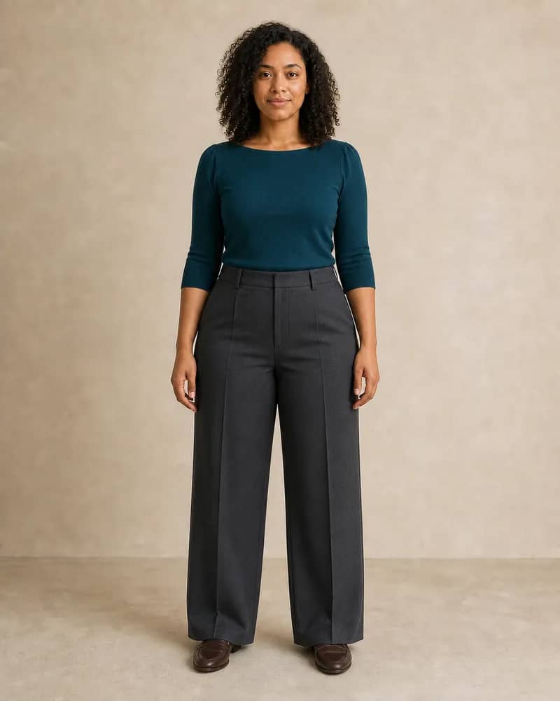 Same woman in a teal boat-neck top and high-rise charcoal wide-leg trousers after AI clothes try-on