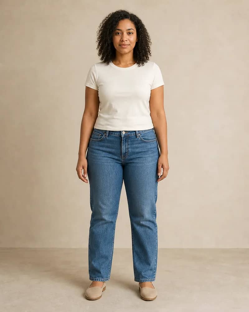 Woman in a fitted ivory T-shirt and straight blue jeans before AI outfit comparison