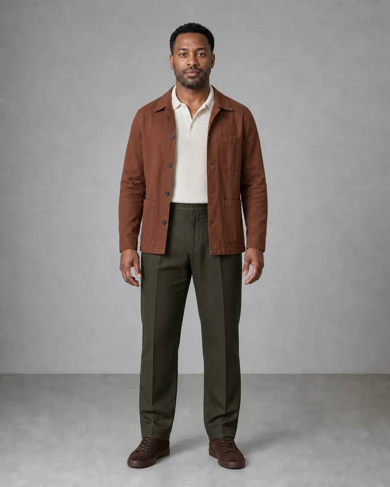 Same man in a rust chore jacket, cream knit polo, and olive tailored trousers after AI clothes try-on