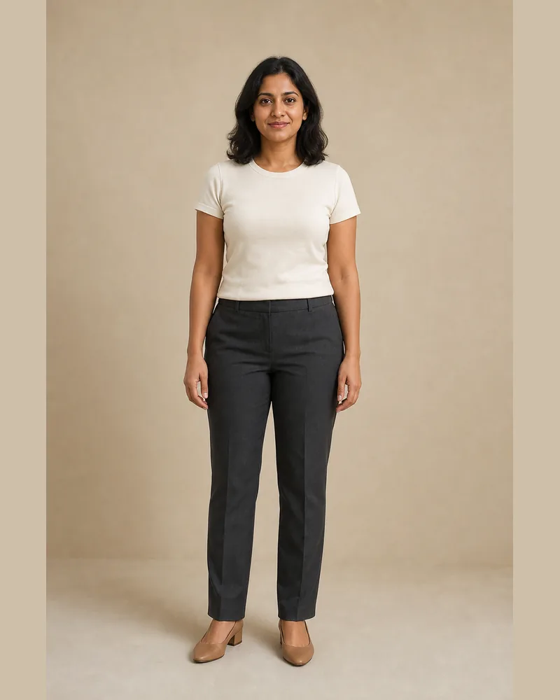 Woman in an ivory top and charcoal trousers before virtual dress try-on