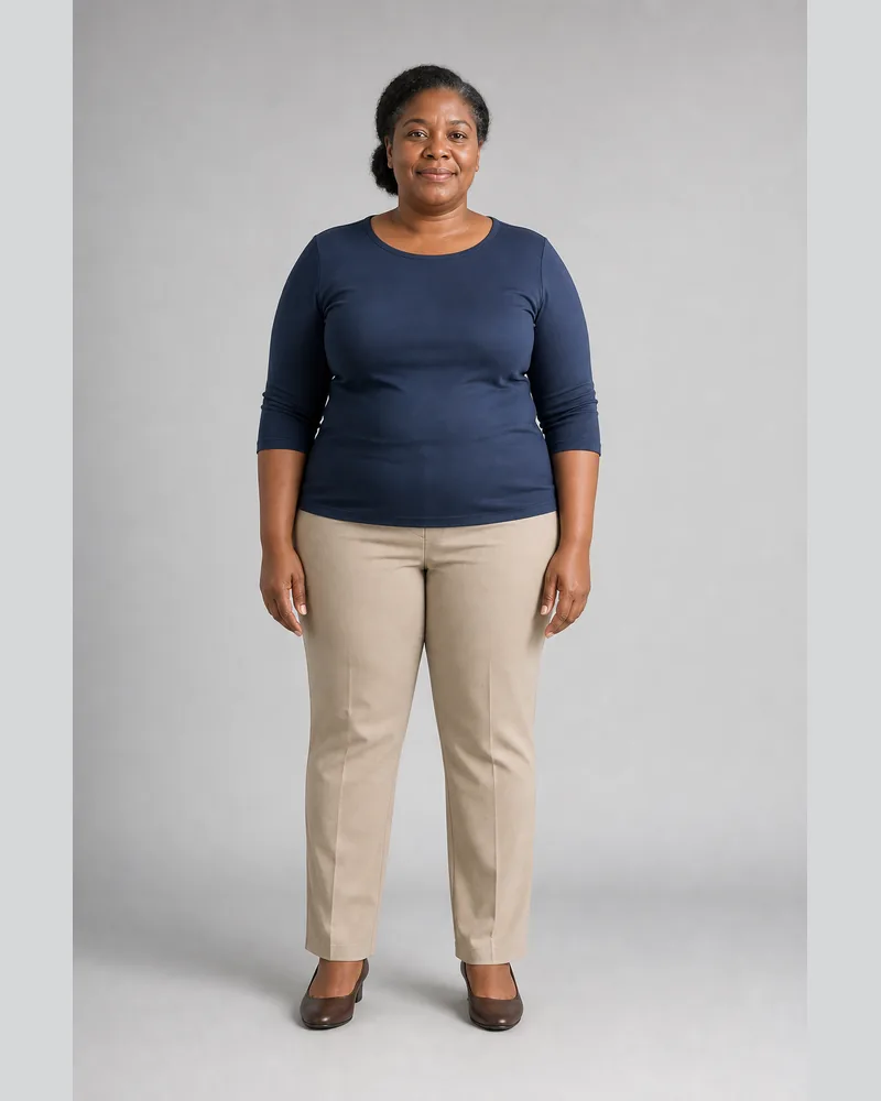 Woman in a navy top and beige trousers before online dress try-on