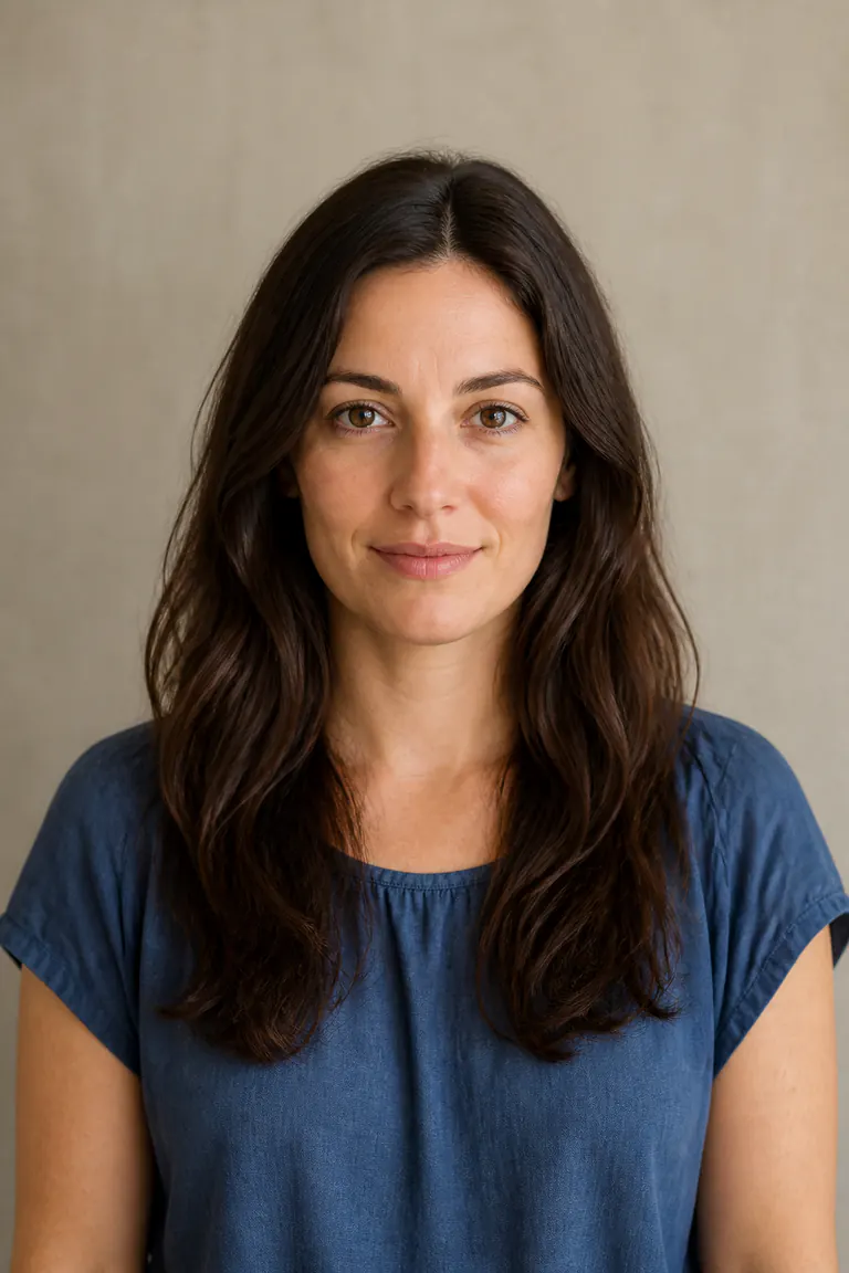 Woman with long dark-brown wavy hair before trying a short hairstyle with AI