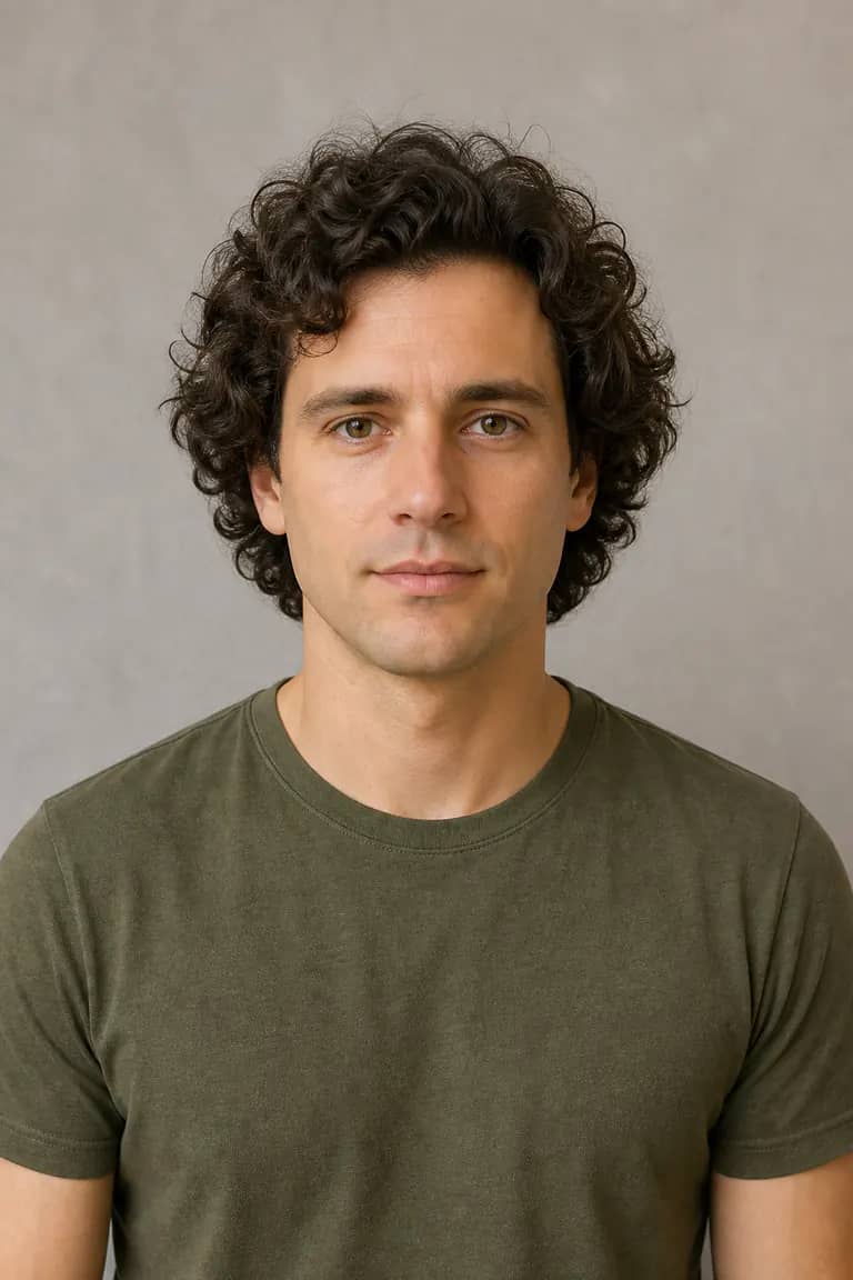 Man with medium-length dark curls before trying a short hairstyle with AI
