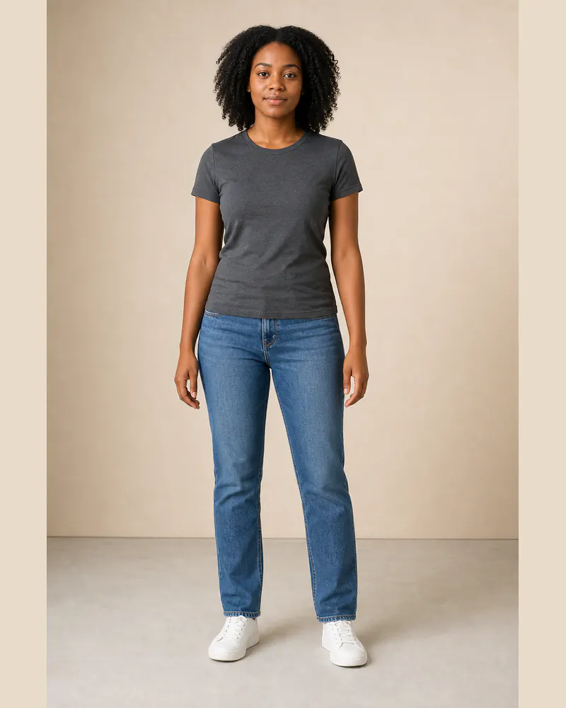 Woman wearing a charcoal T-shirt and blue jeans before changing clothes with AI