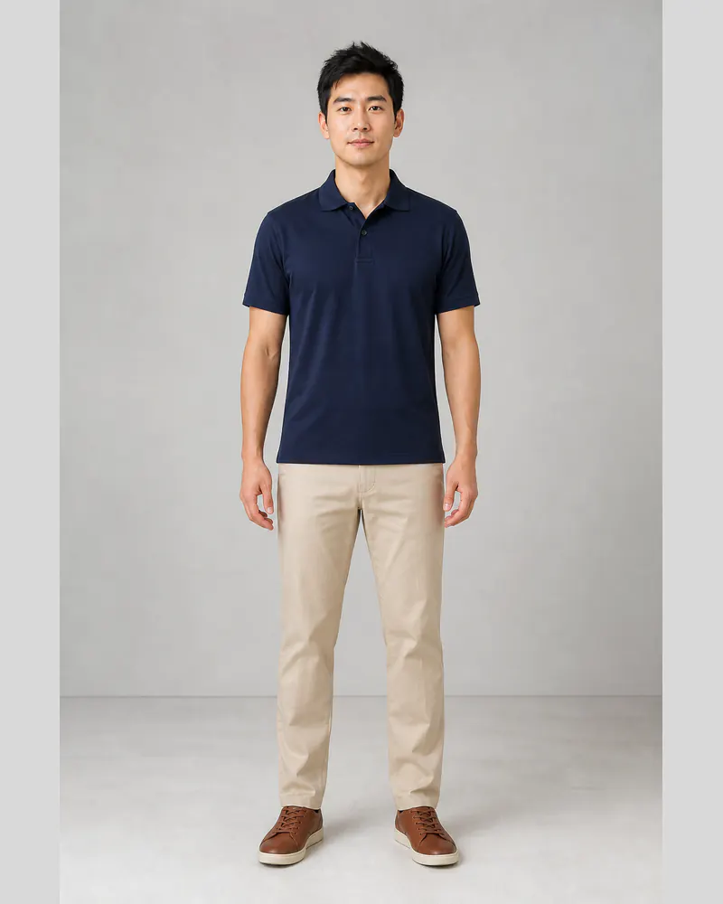 Man wearing a navy polo and beige chinos before changing clothes with AI