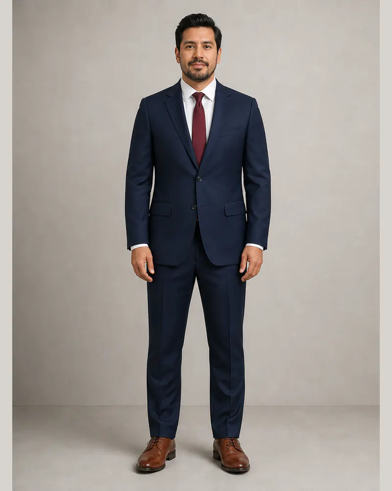 Same man wearing a navy business suit, white shirt, and burgundy tie after AI suit try-on