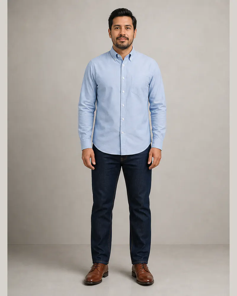 Man wearing a pale-blue Oxford shirt and jeans before virtual suit try-on