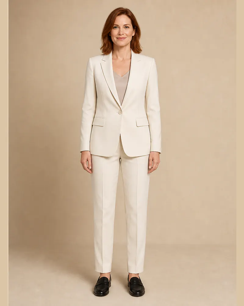 Same woman wearing an ivory tailored pantsuit after AI suit try-on