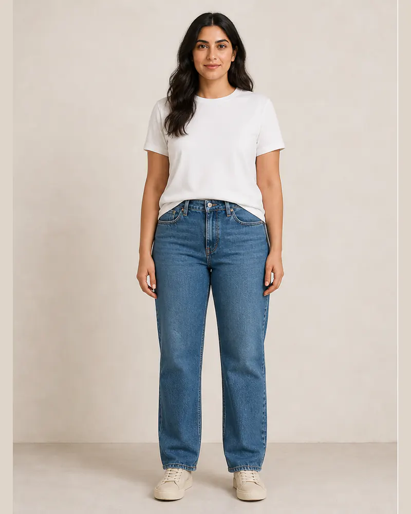 Woman wearing a white T-shirt and jeans before trying clothes from a retailer image