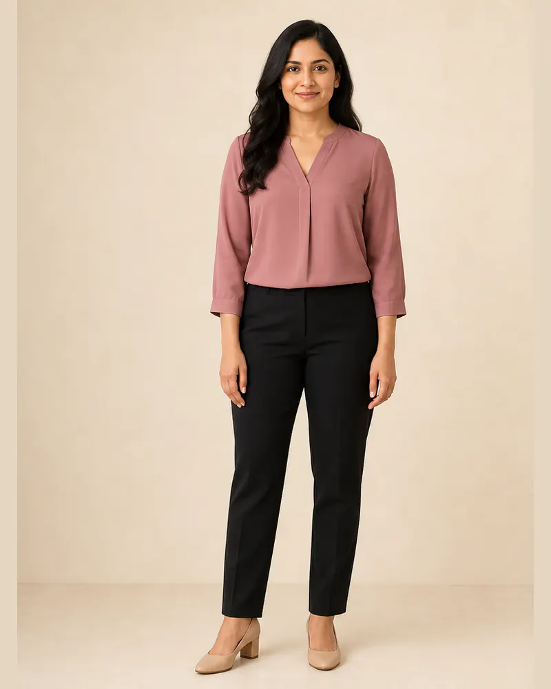 Woman wearing a muted-rose blouse and black trousers before wedding guest outfit try-on