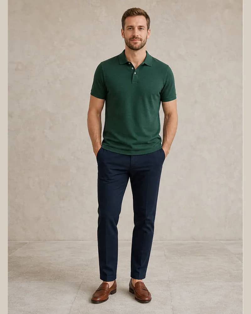 Man wearing a dark-green polo and navy chinos before wedding guest outfit try-on