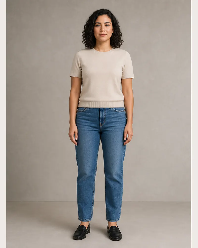 Woman wearing a beige knit top and jeans before comparing professional work outfits with AI