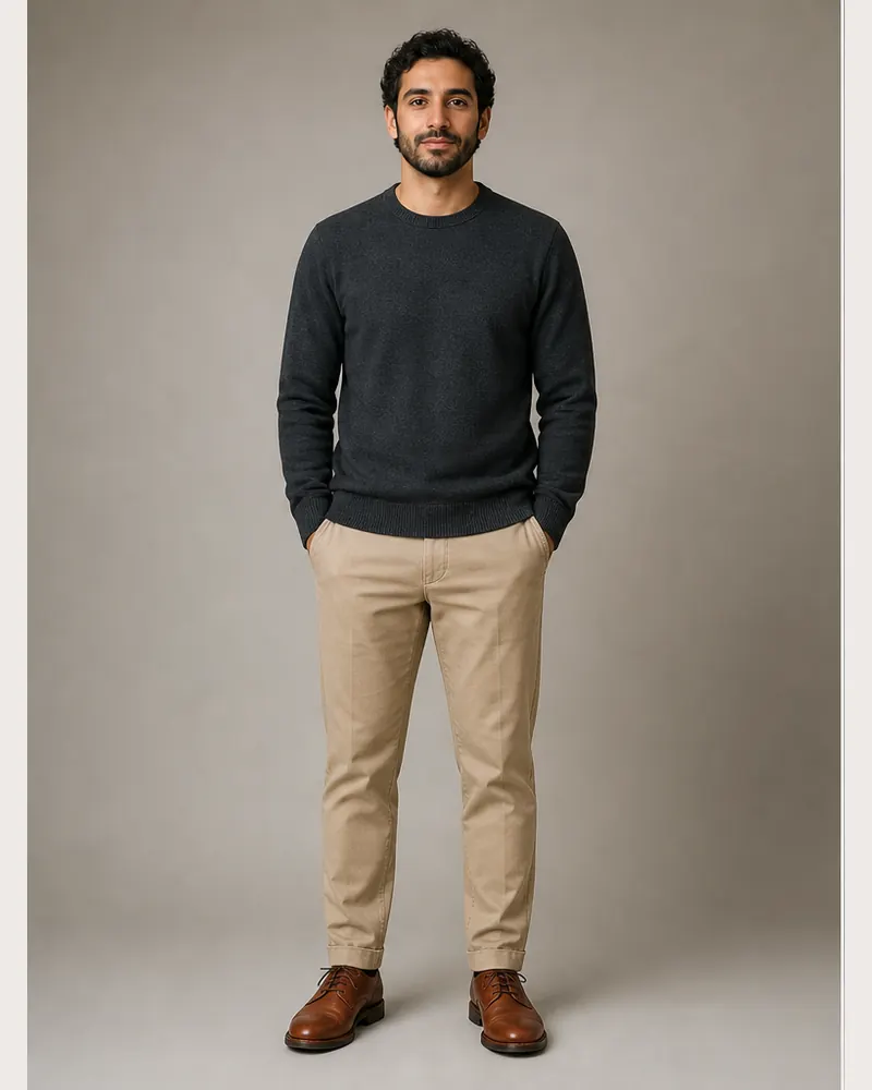 Man wearing a charcoal sweater and beige chinos before comparing office outfits with AI