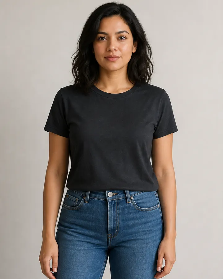 Woman wearing a charcoal crew-neck T-shirt before virtual shirt try-on