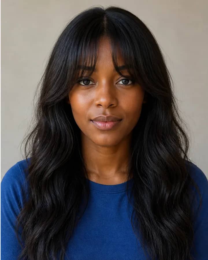 Same woman with soft center-parted curtain bangs after AI bangs try-on