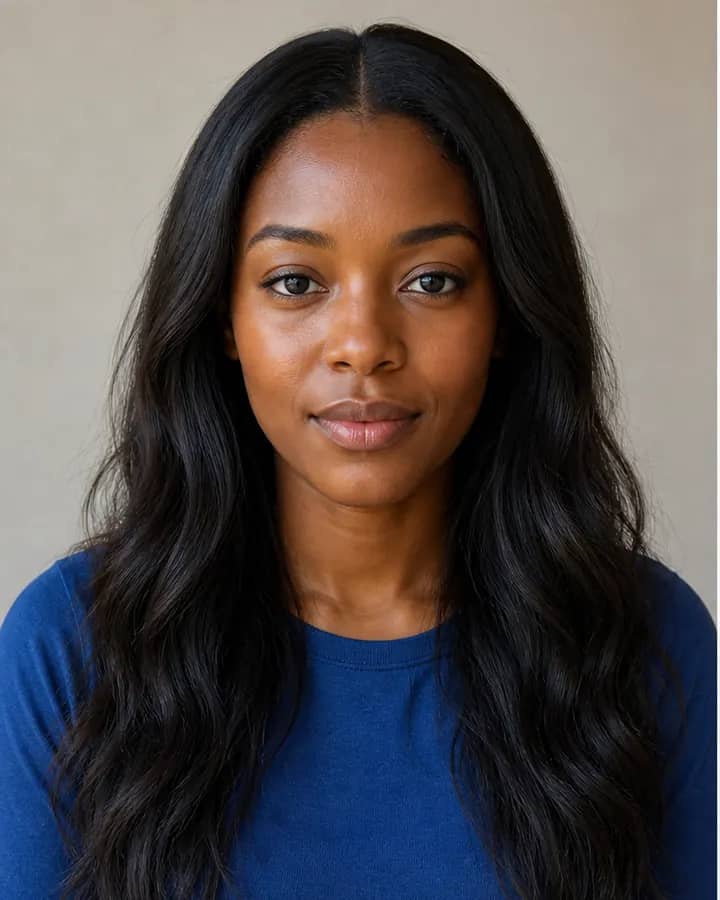 Black woman with long dark waves and an open center part before trying bangs with AI