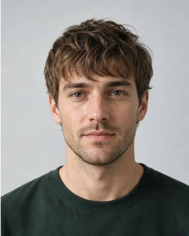 Same man with a natural eyebrow-length textured fringe after AI hairstyle try-on