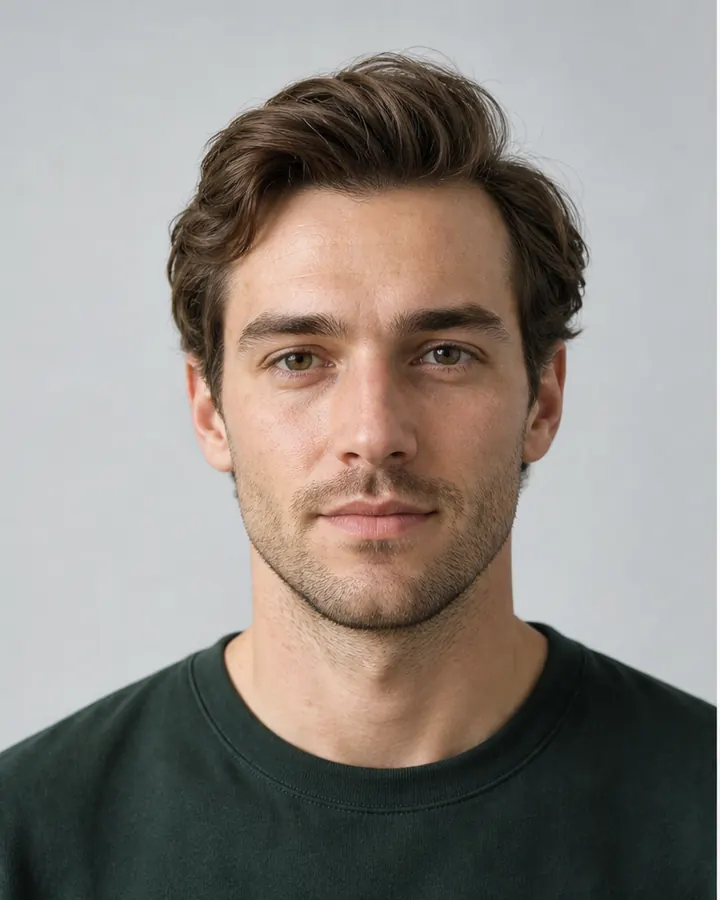 White man with medium-brown hair swept away from his forehead before trying a fringe with AI