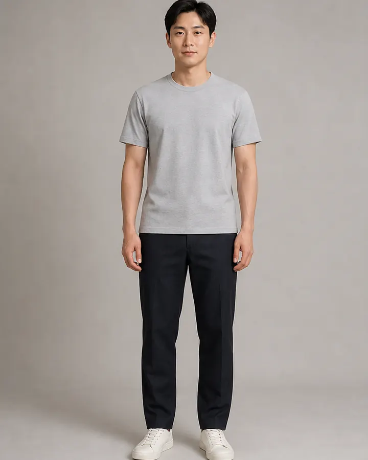 East Asian man wearing a gray T-shirt and dark trousers before an AI clothes try-on accuracy test