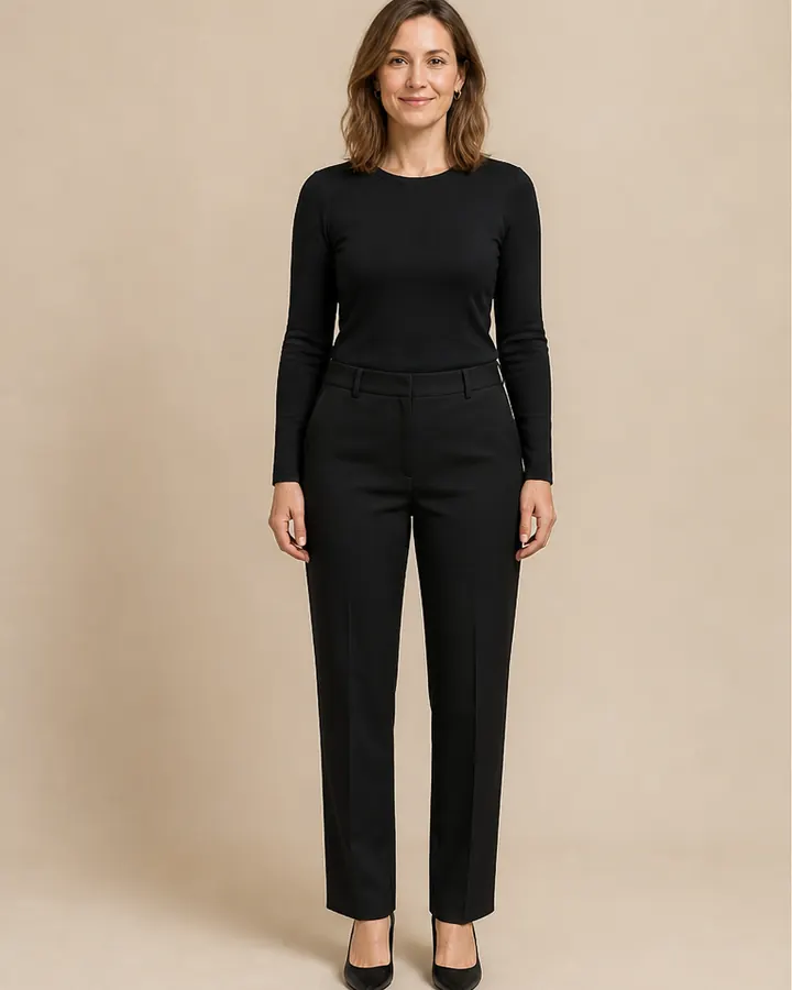 White woman wearing a black top and trousers before an AI virtual try-on accuracy comparison