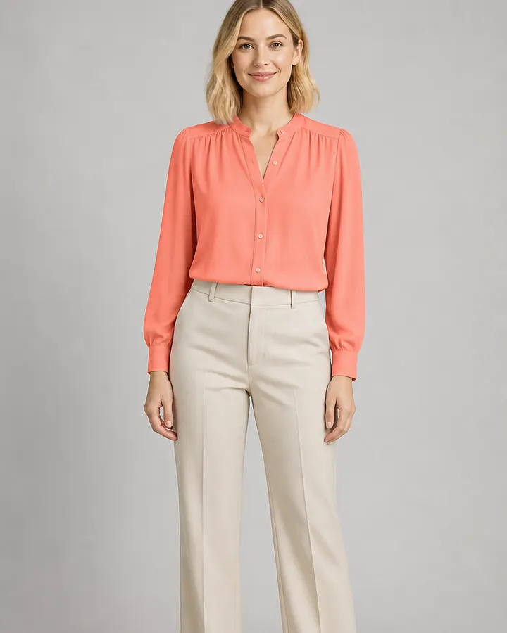Same woman wearing the identical blouse in coral after changing only its color with AI