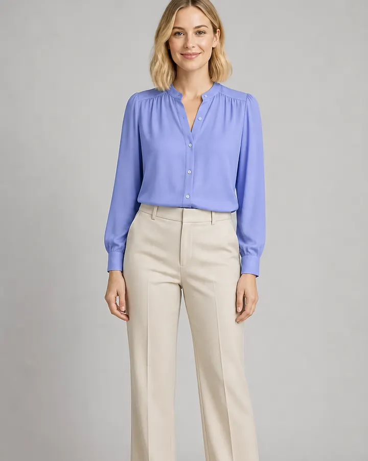 White woman wearing a periwinkle-blue blouse for an AI clothing color comparison