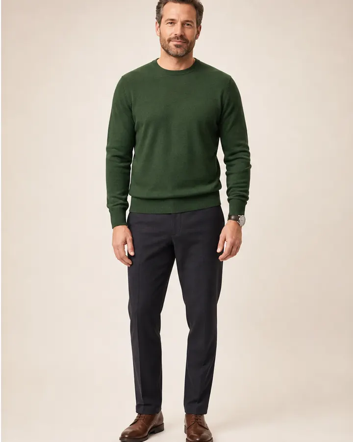 Same man wearing the identical sweater in forest green after an AI color preview