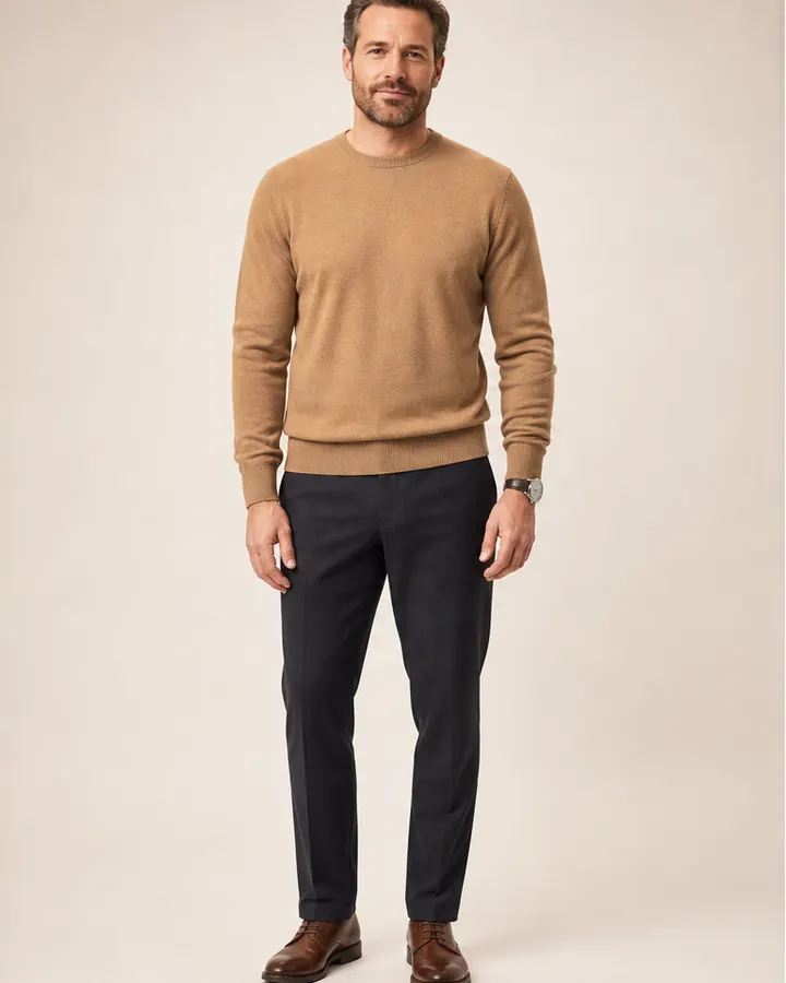 White man wearing a camel crew-neck sweater for an AI clothing color comparison