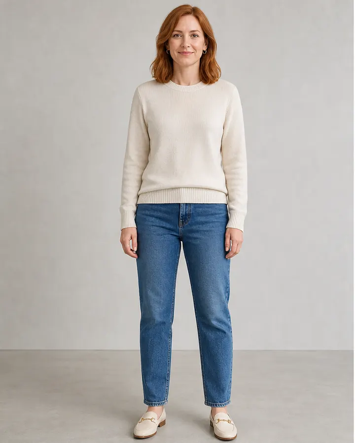 White woman wearing a cream sweater and jeans before trying formal clothes with AI