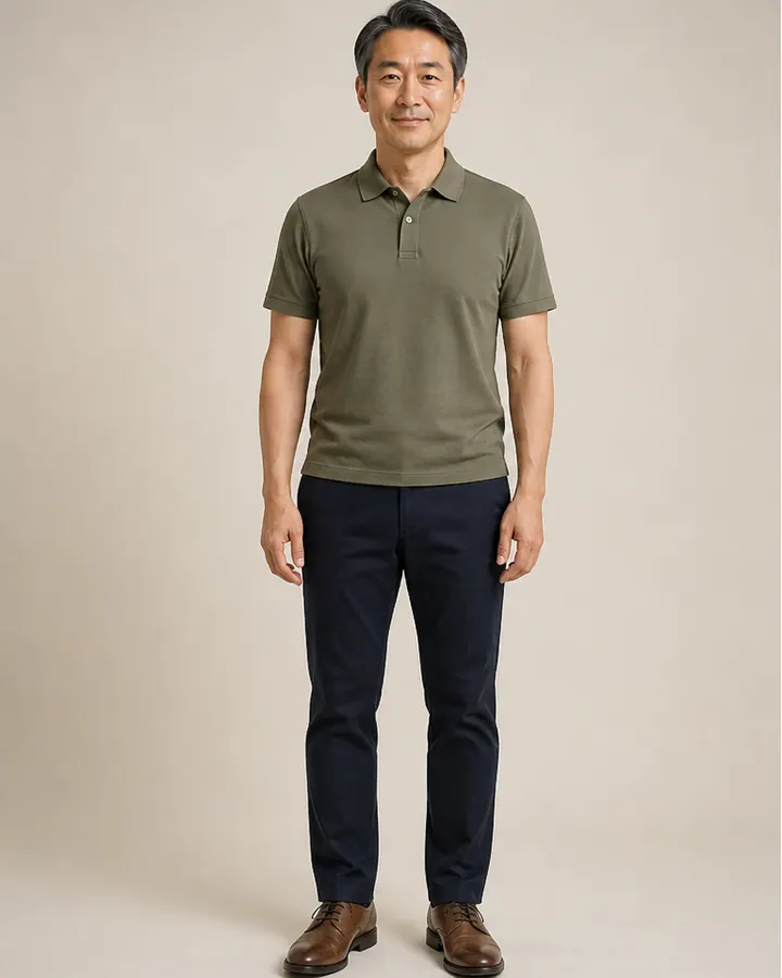 East Asian man wearing an olive polo and dark chinos before trying formal clothes with AI
