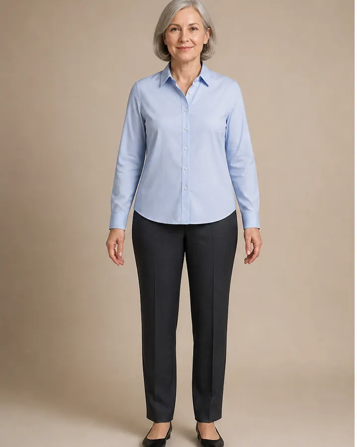 Mature white woman wearing a blue shirt and trousers before a visual virtual try-on