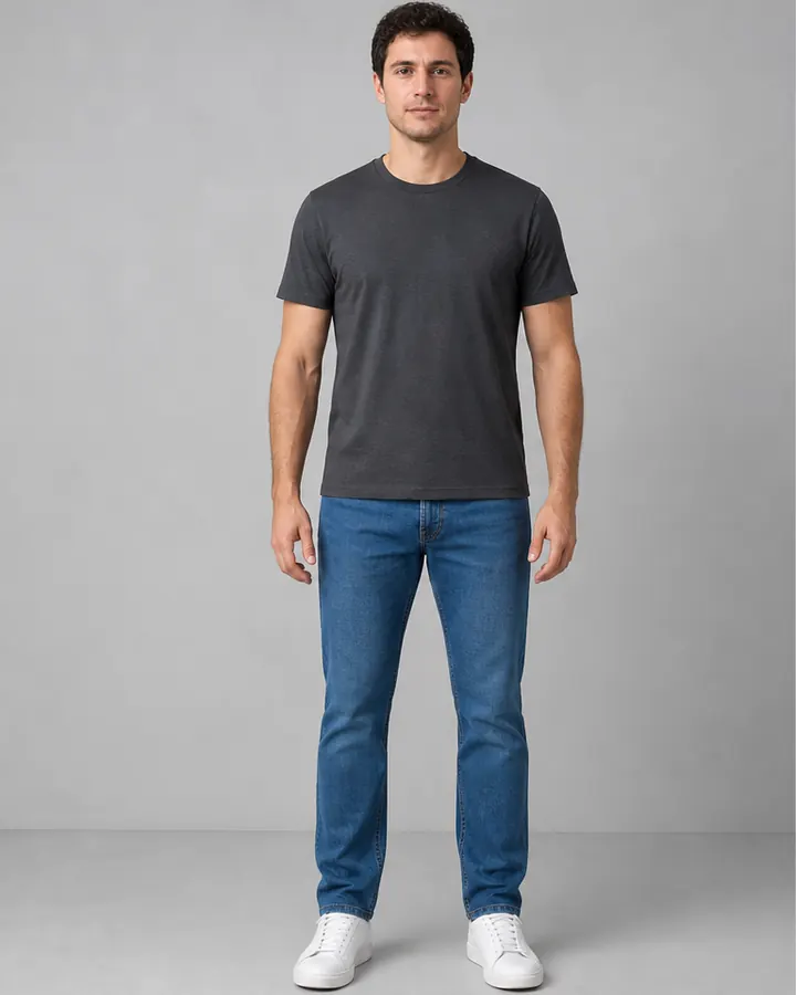 White man wearing a charcoal T-shirt and jeans before an AI virtual try-on