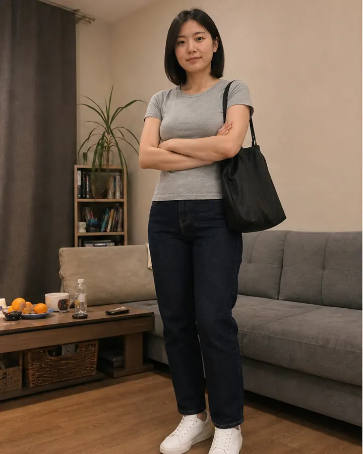 East Asian woman with crossed arms and a bag obscuring her waist in a poor AI clothes try-on source photo