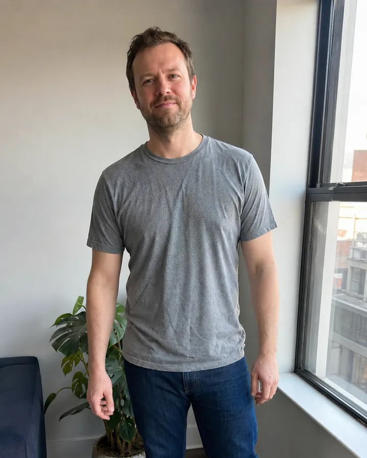Man wearing a gray T-shirt and jeans before an AI virtual shirt try-on