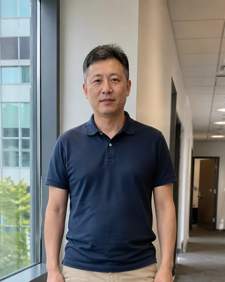Man wearing a navy polo shirt and beige chinos before an AI virtual suit try-on