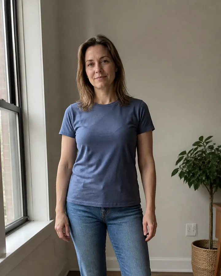 Woman wearing a muted-blue T-shirt and jeans before an AI virtual dress try-on