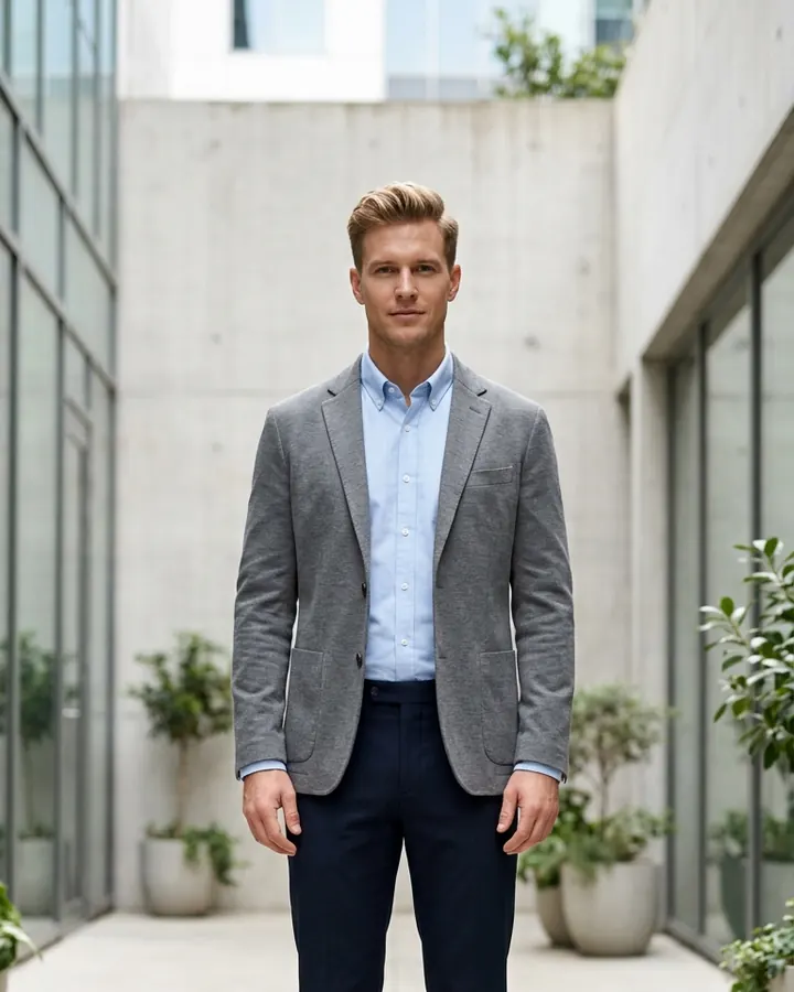 Man wearing navy tailored trousers before a virtual pants try-on